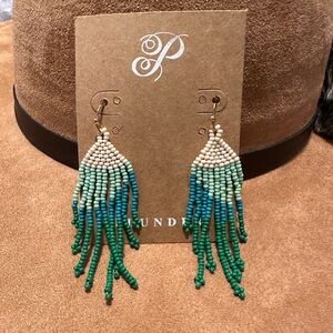 Plunder Beaded Fringe Earrings in Cream, Teal & Green